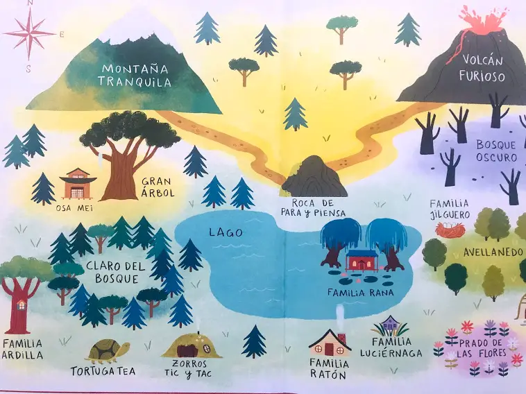 A picture of the map of "el bosque de la serenidad" showing the different locations and what they're called. 